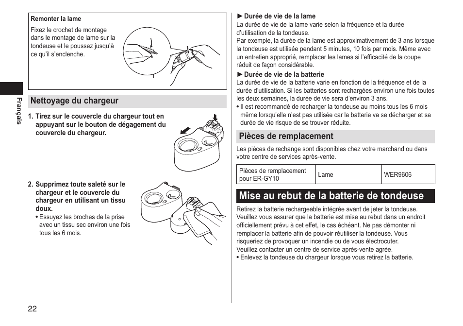 Mise au rebut de la batterie de tondeuse, Nettoyage du chargeur, Pièces de remplacement | Panasonic ERGY10 User Manual | Page 22 / 124