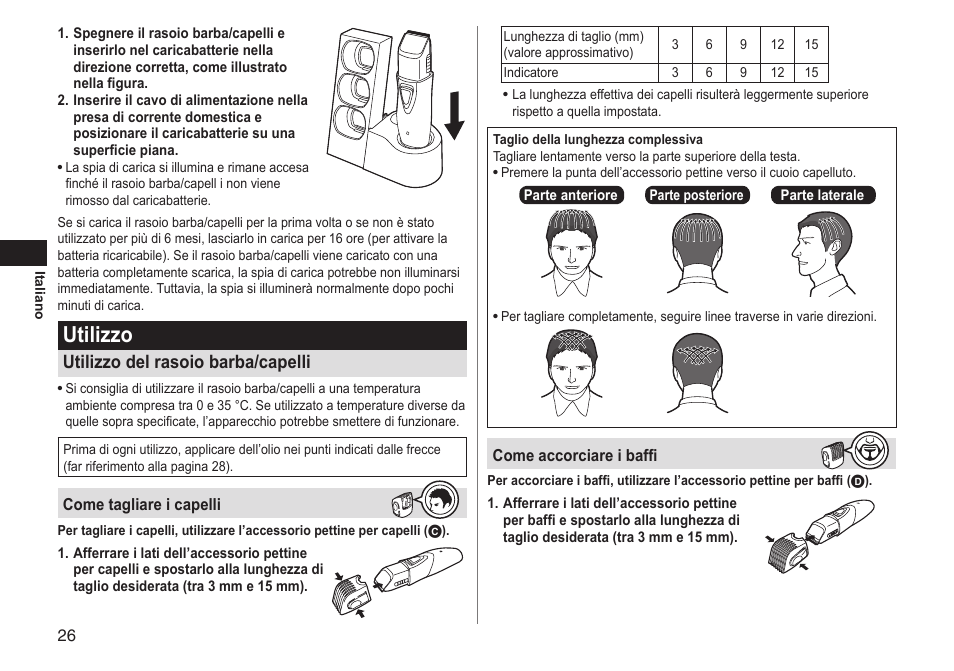 Utilizzo, Utilizzo del rasoio barba/capelli | Panasonic ERGY10 User Manual | Page 26 / 124