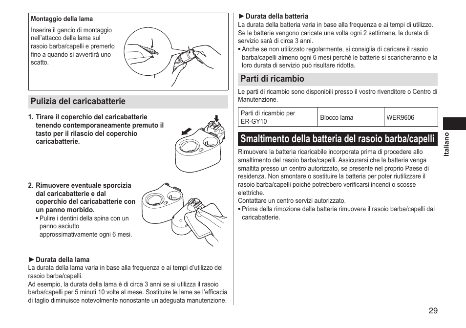 Pulizia del caricabatterie, Parti di ricambio | Panasonic ERGY10 User Manual | Page 29 / 124
