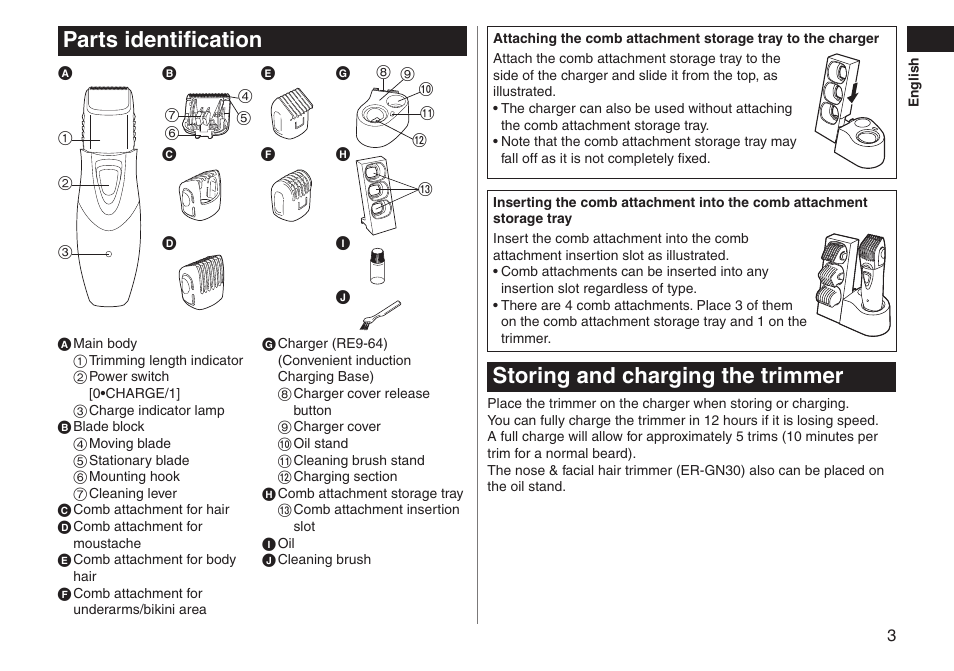 Parts identification, Storing and charging the trimmer | Panasonic ERGY10 User Manual | Page 3 / 124