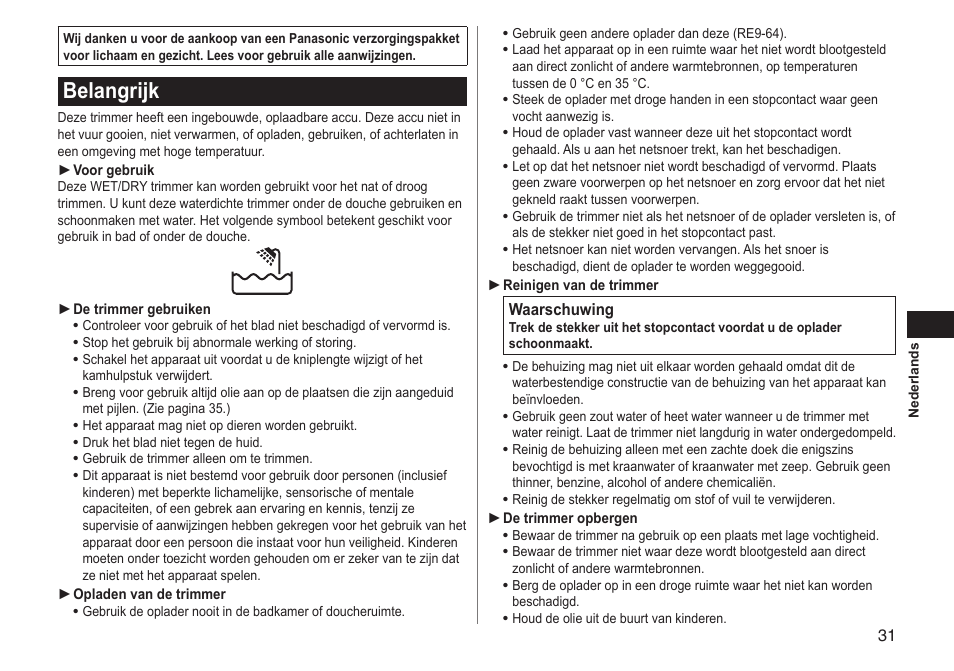 Belangrijk | Panasonic ERGY10 User Manual | Page 31 / 124