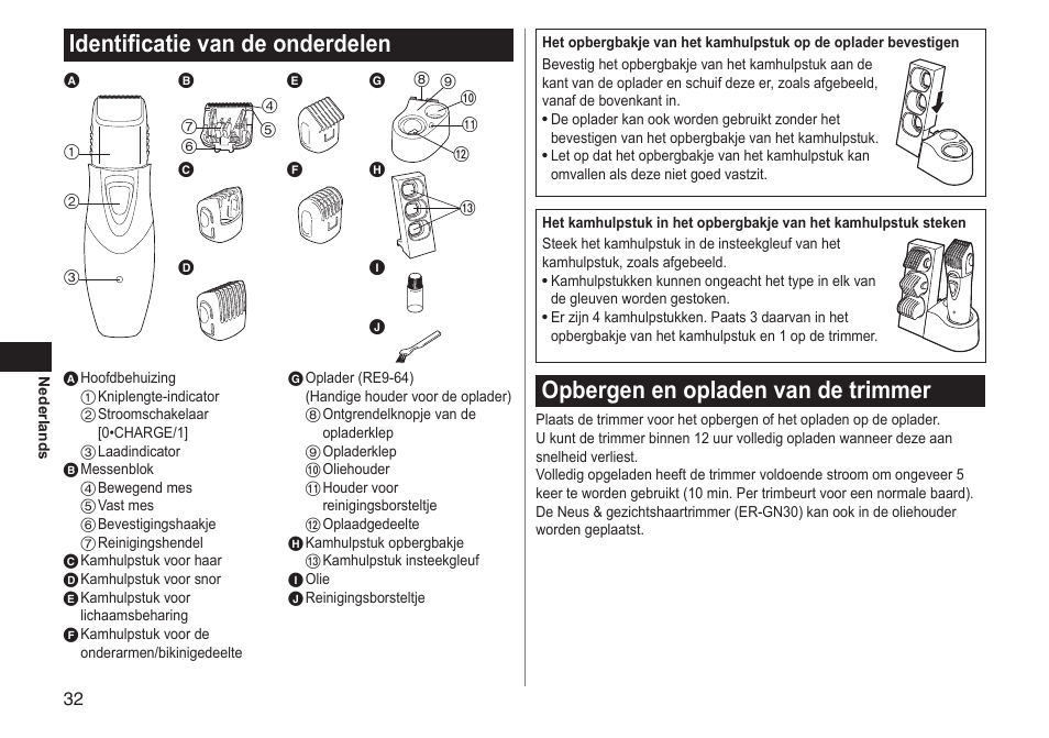 Identificatie van de onderdelen, Opbergen en opladen van de trimmer | Panasonic ERGY10 User Manual | Page 32 / 124