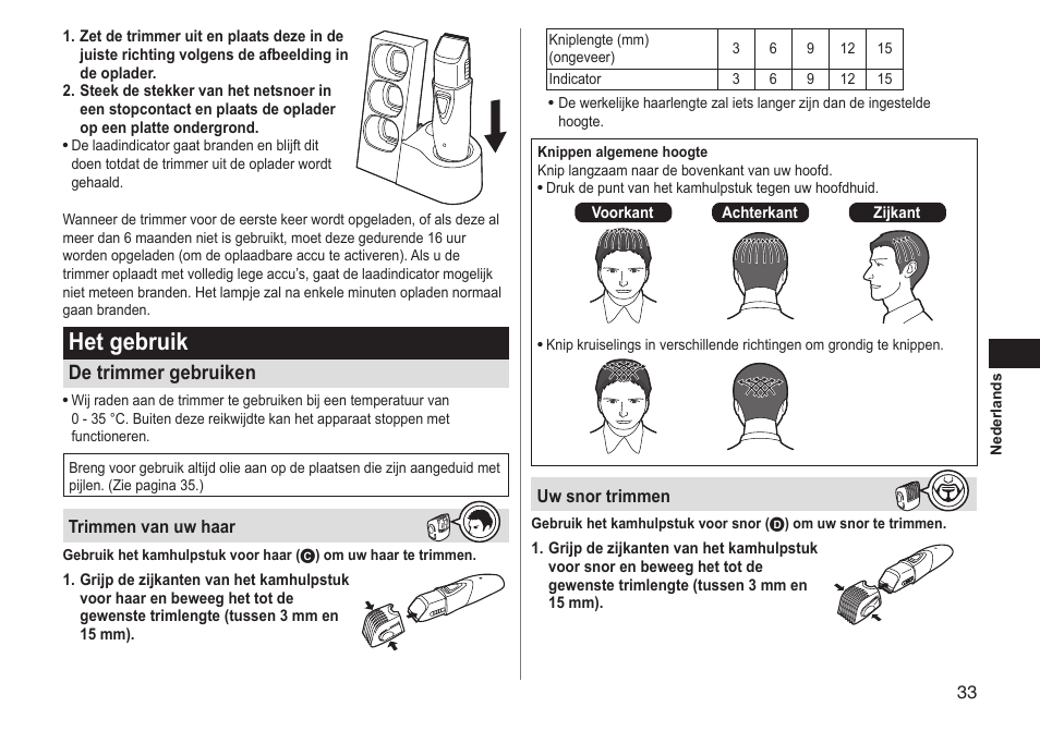 Het gebruik, De trimmer gebruiken | Panasonic ERGY10 User Manual | Page 33 / 124