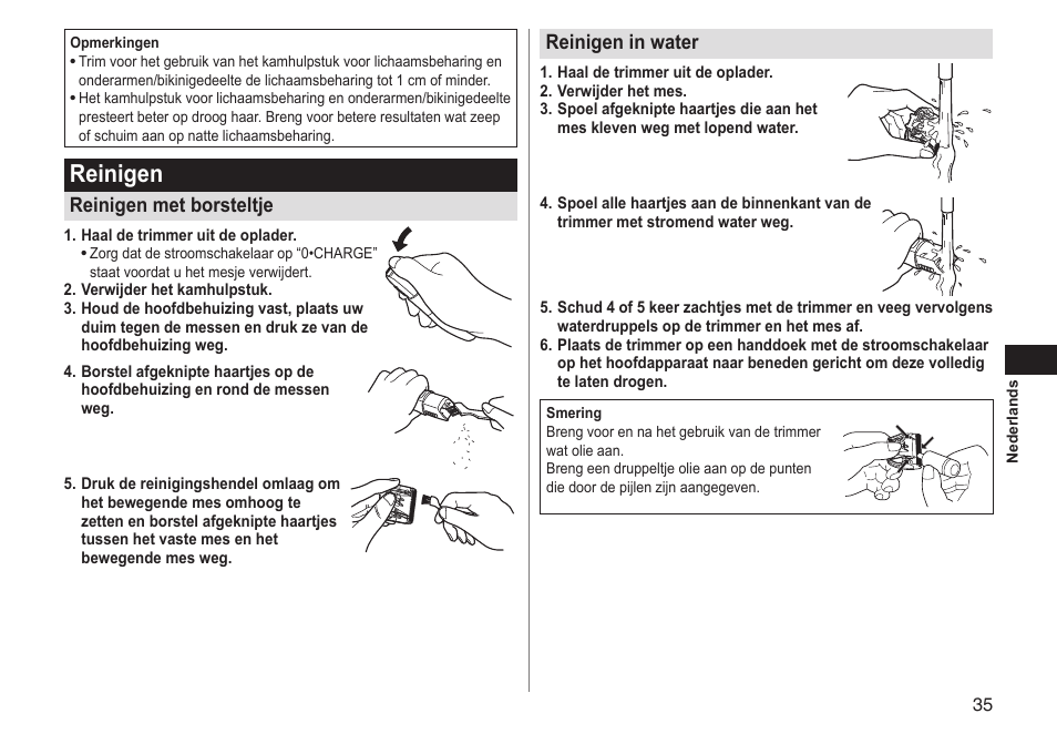 Reinigen, Reinigen met borsteltje, Reinigen in water | Panasonic ERGY10 User Manual | Page 35 / 124