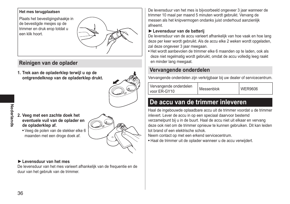 De accu van de trimmer inleveren, Reinigen van de oplader, Vervangende onderdelen | Panasonic ERGY10 User Manual | Page 36 / 124