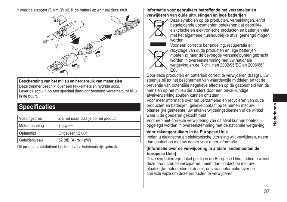 Specificaties | Panasonic ERGY10 User Manual | Page 37 / 124