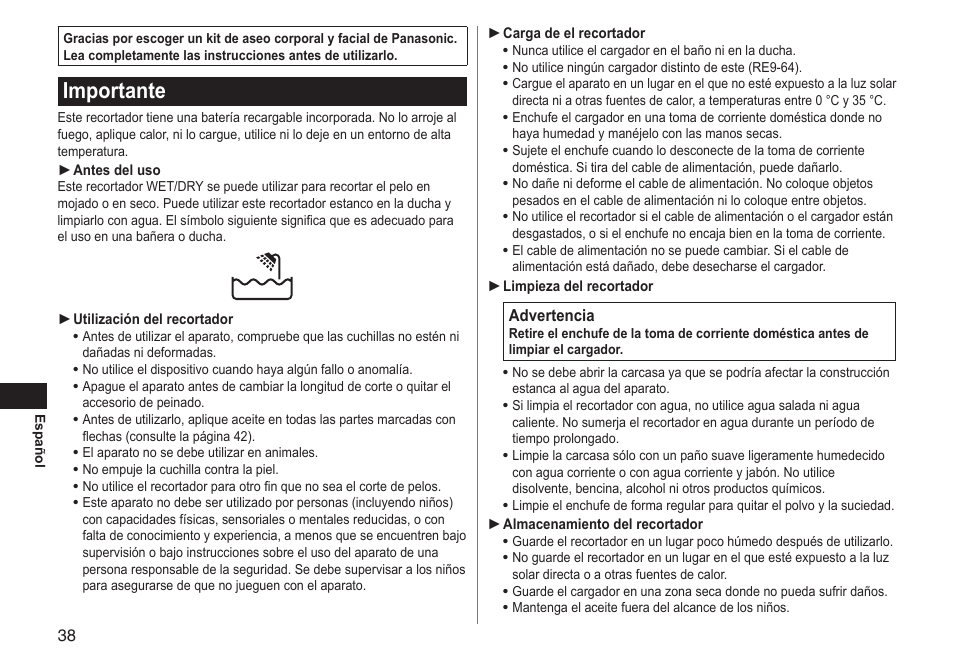 Importante | Panasonic ERGY10 User Manual | Page 38 / 124