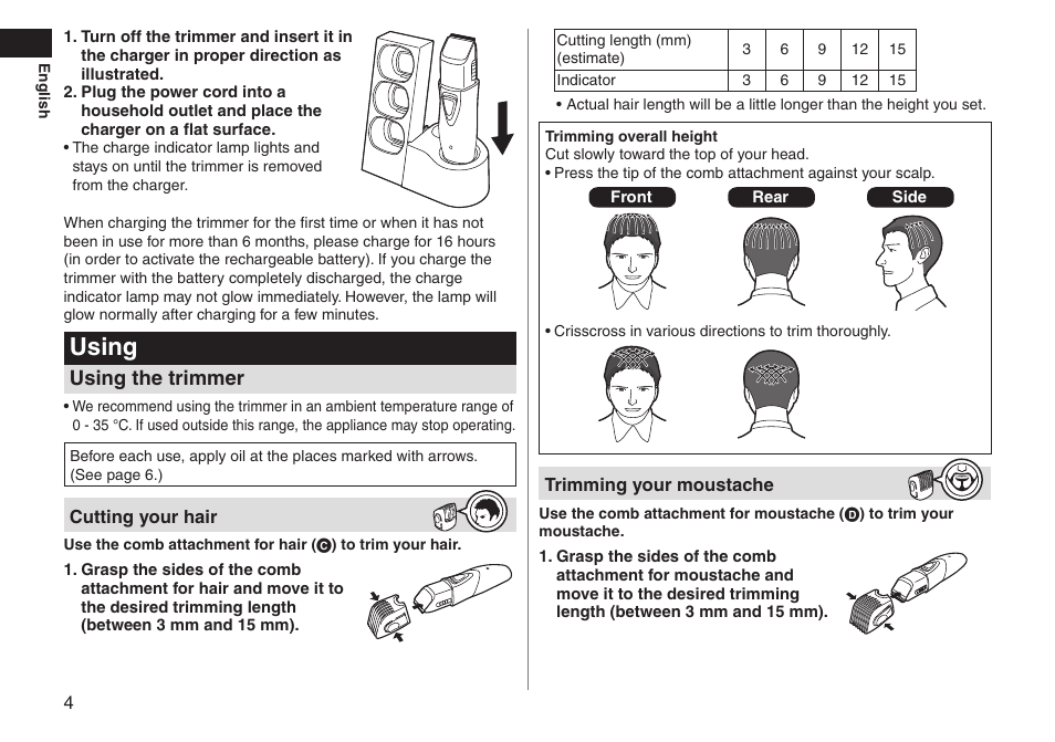 Using, Using the trimmer | Panasonic ERGY10 User Manual | Page 4 / 124