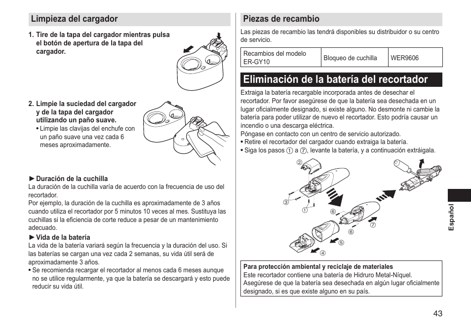 Eliminación de la batería del recortador, Limpieza del cargador, Piezas de recambio | Panasonic ERGY10 User Manual | Page 43 / 124