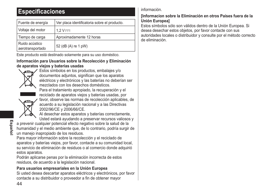 Especificaciones | Panasonic ERGY10 User Manual | Page 44 / 124