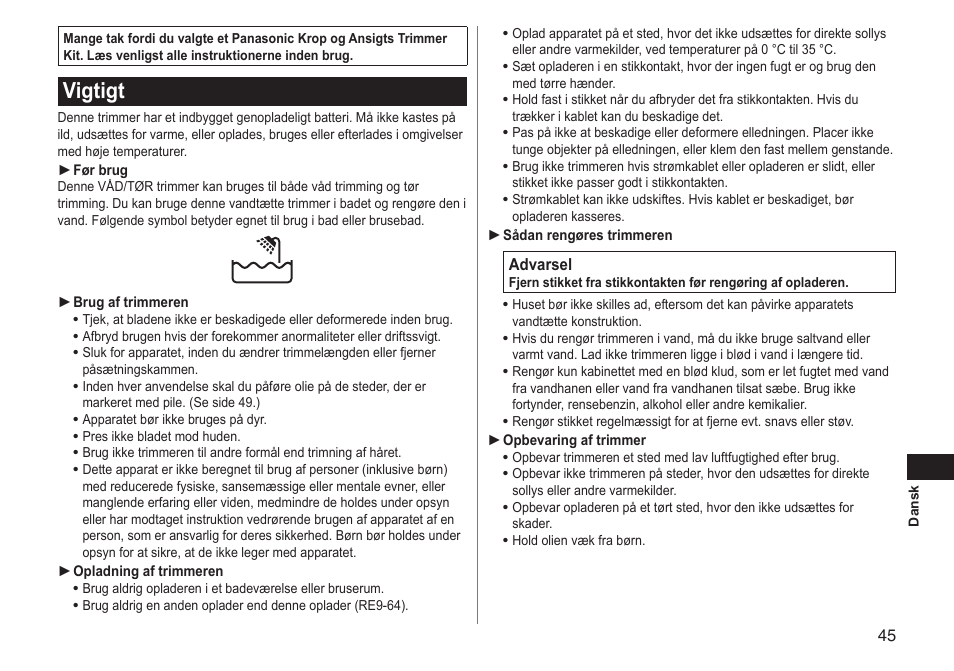 Vigtigt | Panasonic ERGY10 User Manual | Page 45 / 124