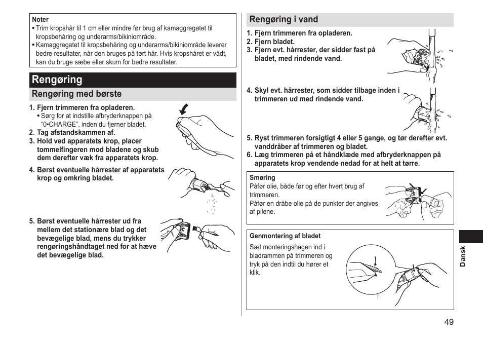 Rengøring, Rengøring med børste, Rengøring i vand | Panasonic ERGY10 User Manual | Page 49 / 124