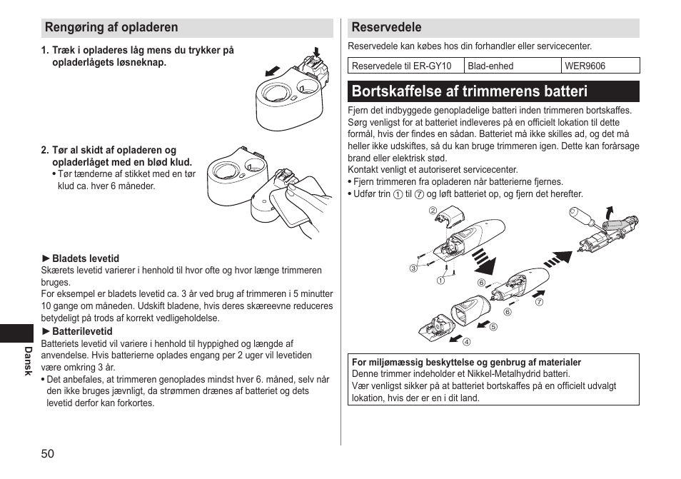 Bortskaffelse af trimmerens batteri, Rengøring af opladeren, Reservedele | Panasonic ERGY10 User Manual | Page 50 / 124