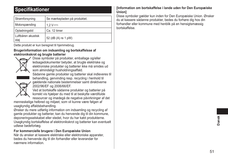 Specifikationer | Panasonic ERGY10 User Manual | Page 51 / 124