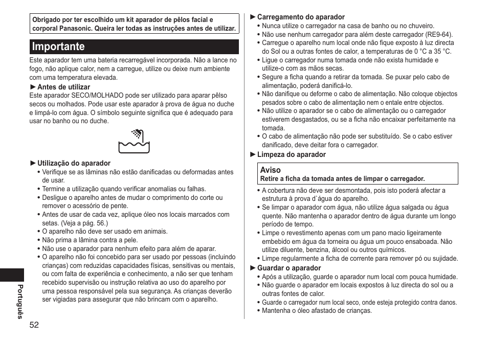 Importante | Panasonic ERGY10 User Manual | Page 52 / 124