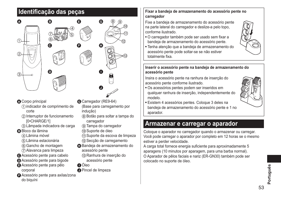 Identificação das peças, Armazenar e carregar o aparador | Panasonic ERGY10 User Manual | Page 53 / 124