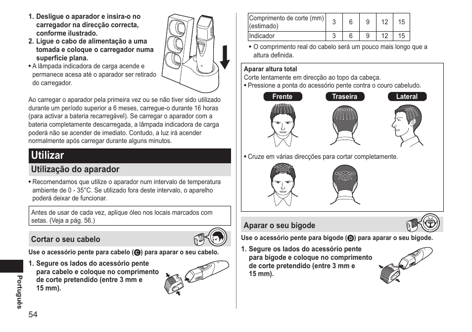 Utilizar, Utilização do aparador | Panasonic ERGY10 User Manual | Page 54 / 124