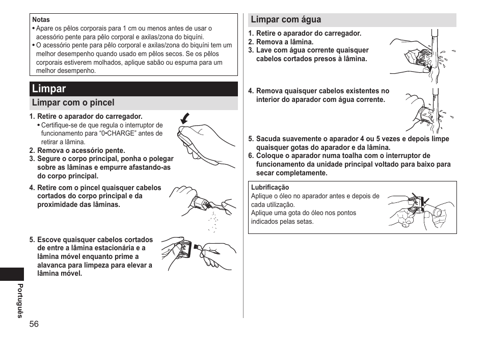 Limpar, Limpar com o pincel, Limpar com água | Panasonic ERGY10 User Manual | Page 56 / 124