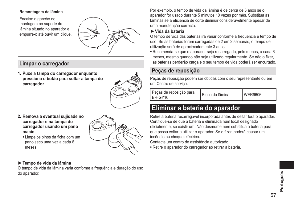 Eliminar a bateria do aparador, Limpar o carregador, Peças de reposição | Panasonic ERGY10 User Manual | Page 57 / 124