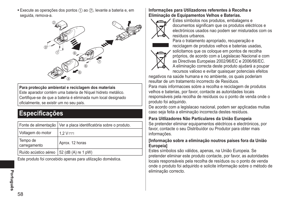 Especificações | Panasonic ERGY10 User Manual | Page 58 / 124