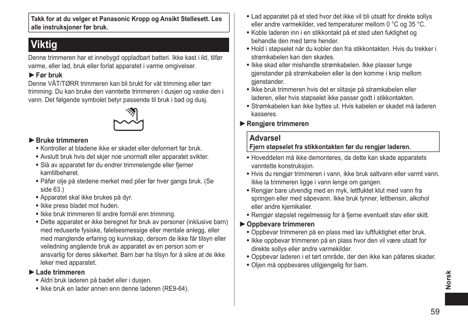 Viktig | Panasonic ERGY10 User Manual | Page 59 / 124