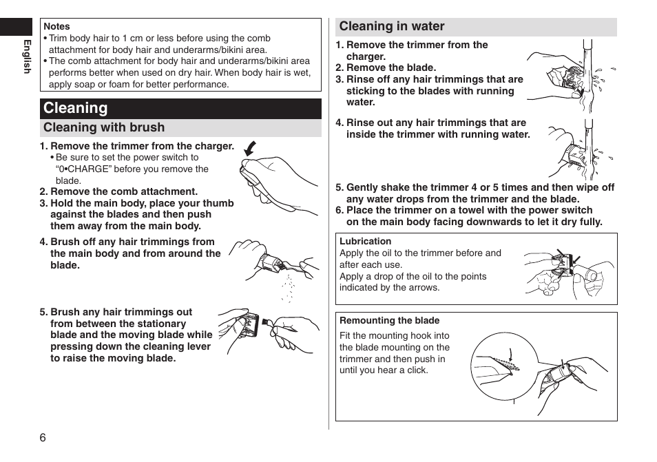 Cleaning, Cleaning with brush, Cleaning in water | Panasonic ERGY10 User Manual | Page 6 / 124