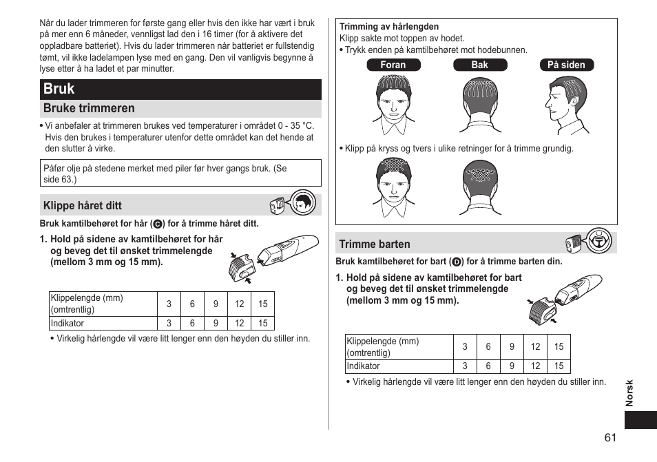 Bruk, Bruke trimmeren | Panasonic ERGY10 User Manual | Page 61 / 124