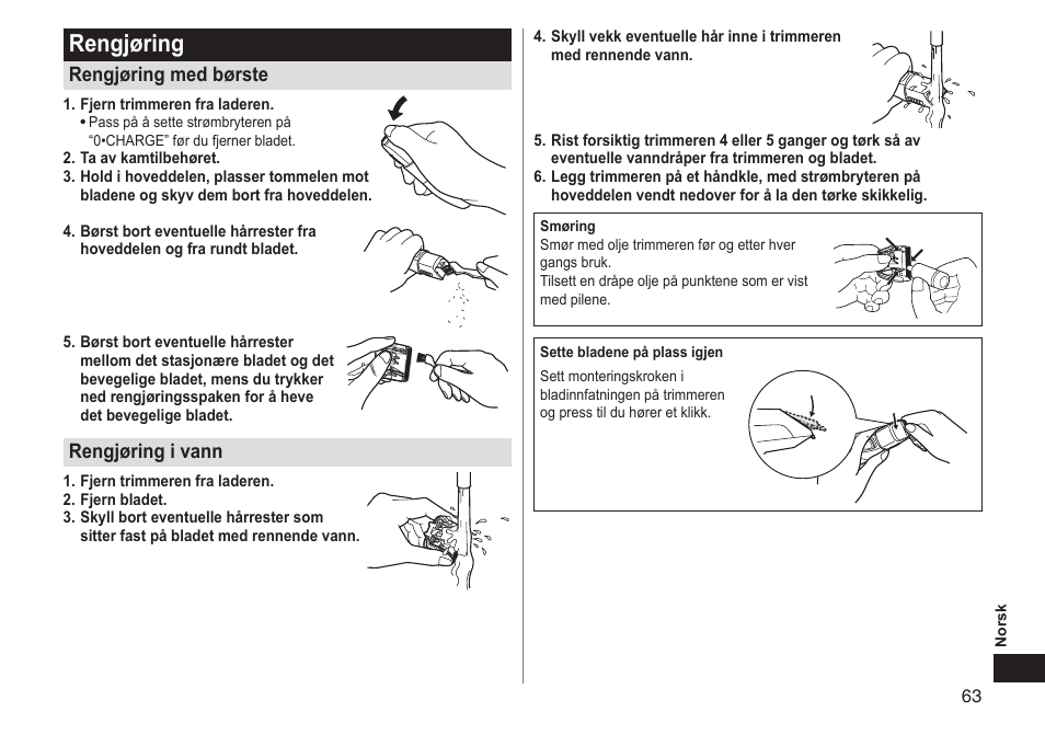 Rengjøring, Rengjøring med børste, Rengjøring i vann | Panasonic ERGY10 User Manual | Page 63 / 124