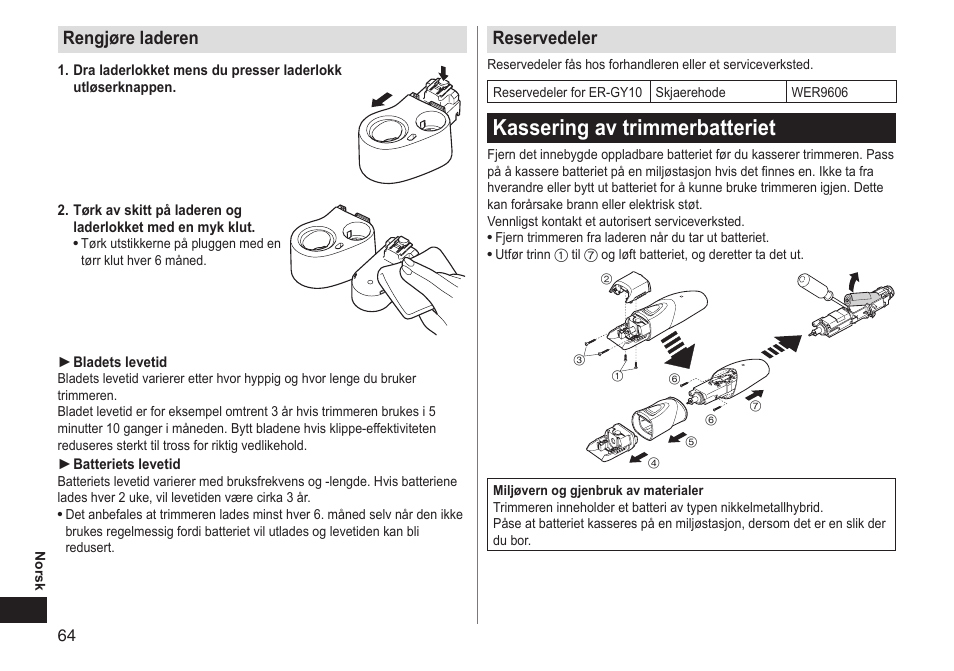 Kassering av trimmerbatteriet, Rengjøre laderen, Reservedeler | Panasonic ERGY10 User Manual | Page 64 / 124