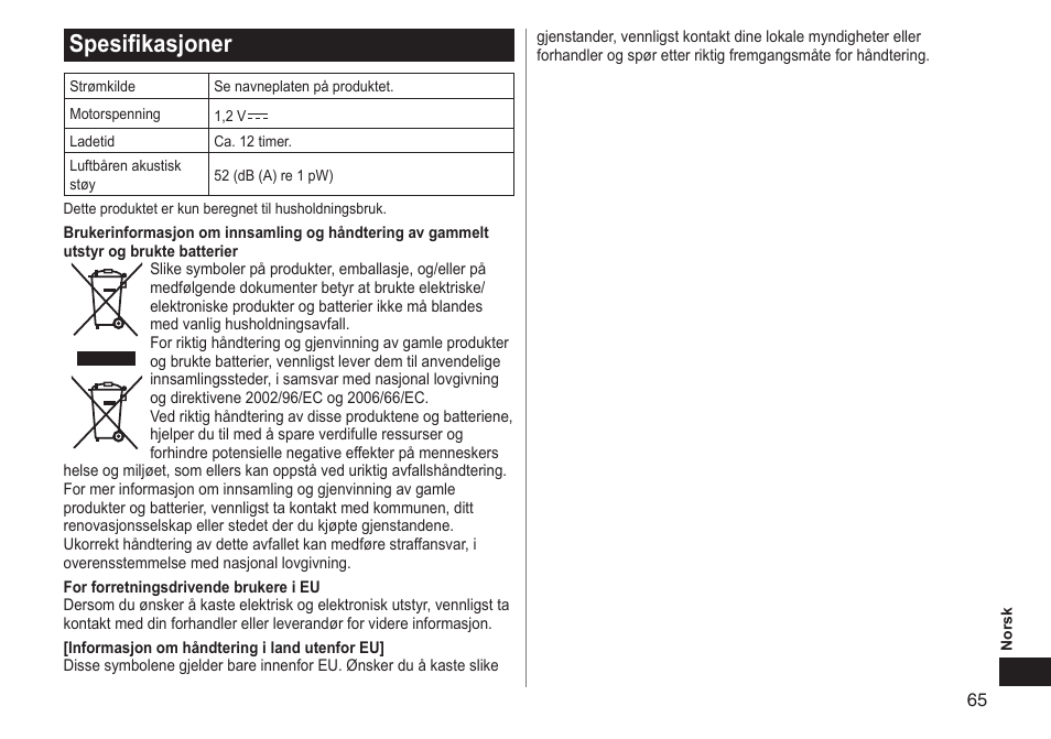 Spesifikasjoner | Panasonic ERGY10 User Manual | Page 65 / 124