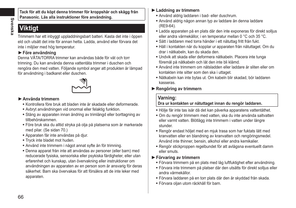 Viktigt | Panasonic ERGY10 User Manual | Page 66 / 124