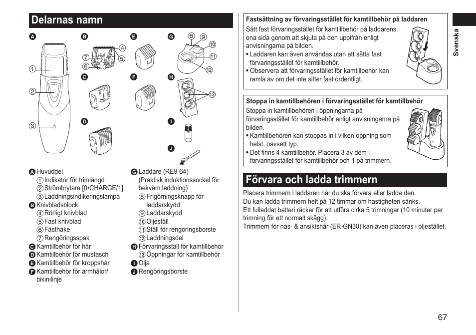 Delarnas namn, Förvara och ladda trimmern | Panasonic ERGY10 User Manual | Page 67 / 124