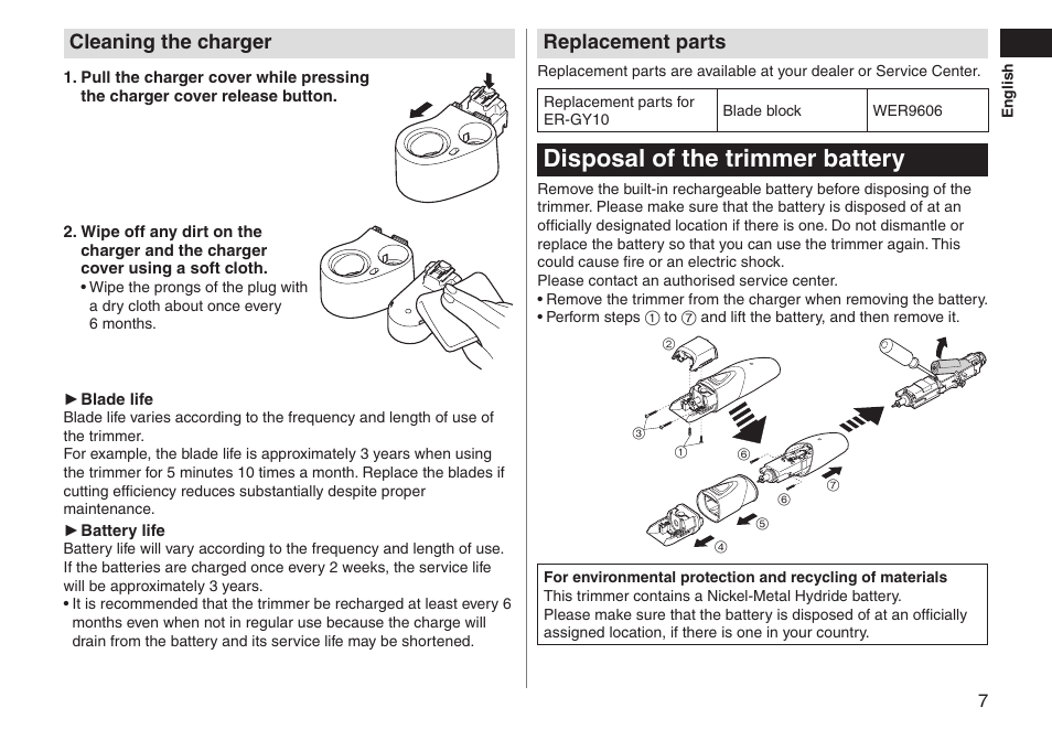 Disposal of the trimmer battery, Cleaning the charger, Replacement parts | Panasonic ERGY10 User Manual | Page 7 / 124