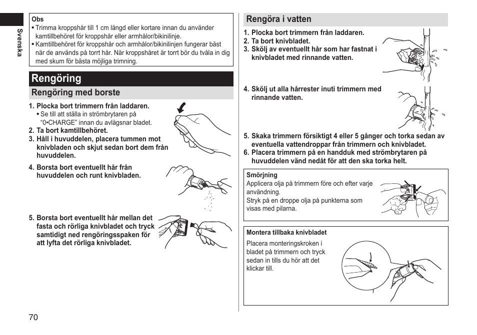 Rengöring, Rengöring med borste, Rengöra i vatten | Panasonic ERGY10 User Manual | Page 70 / 124