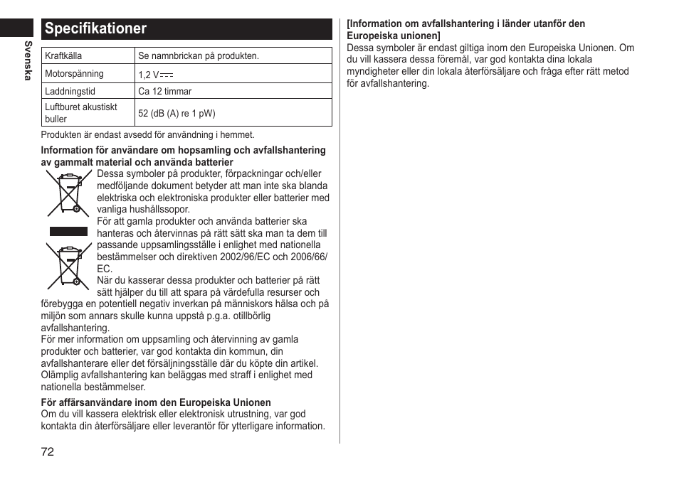 Specifikationer | Panasonic ERGY10 User Manual | Page 72 / 124