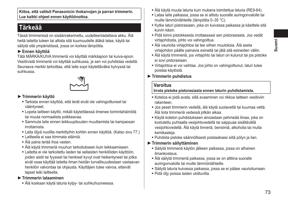Tärkeää | Panasonic ERGY10 User Manual | Page 73 / 124