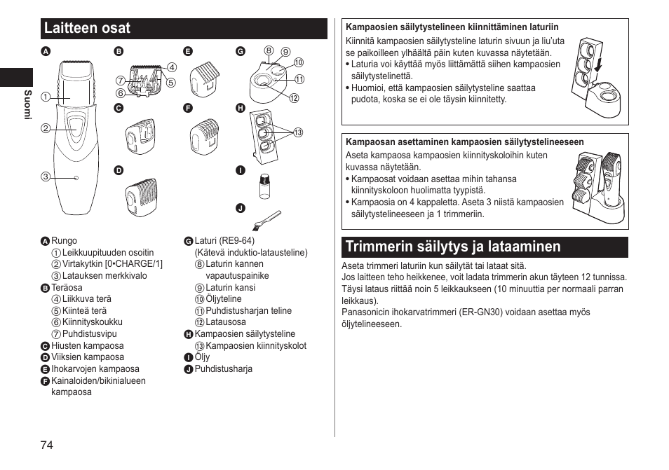 Laitteen osat, Trimmerin säilytys ja lataaminen | Panasonic ERGY10 User Manual | Page 74 / 124