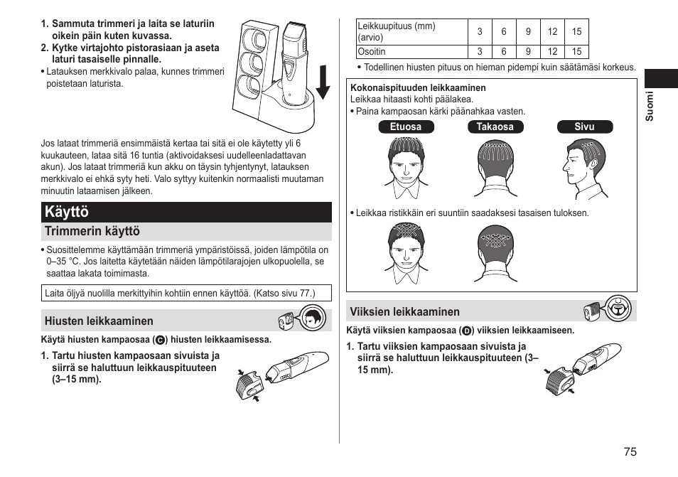 Käyttö, Trimmerin käyttö | Panasonic ERGY10 User Manual | Page 75 / 124