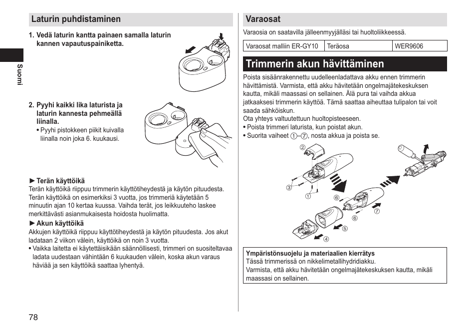 Trimmerin akun hävittäminen, Laturin puhdistaminen, Varaosat | Panasonic ERGY10 User Manual | Page 78 / 124