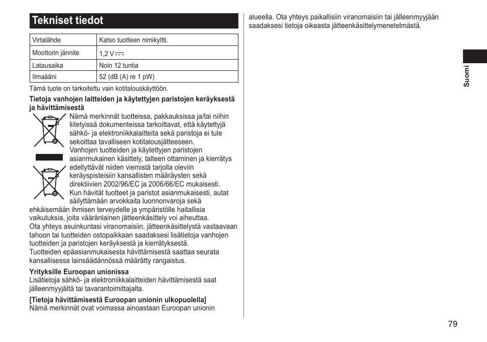 Tekniset tiedot | Panasonic ERGY10 User Manual | Page 79 / 124