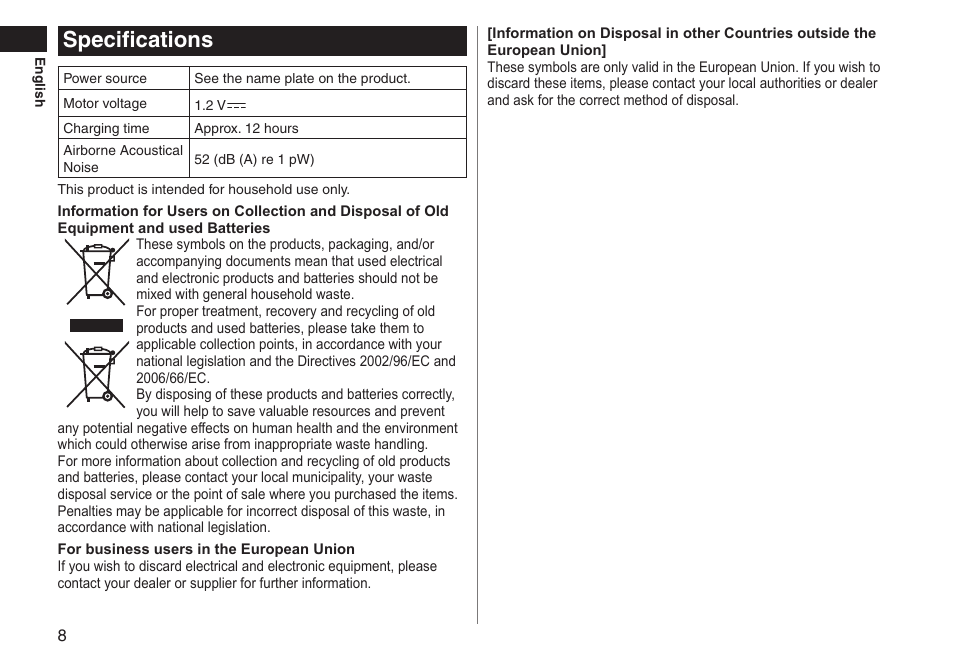 Specifications | Panasonic ERGY10 User Manual | Page 8 / 124