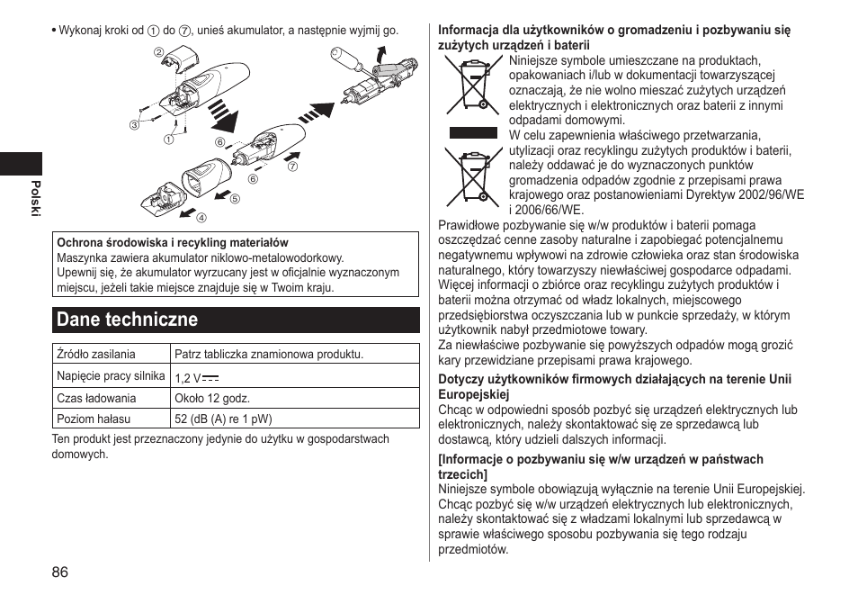 Dane techniczne | Panasonic ERGY10 User Manual | Page 86 / 124