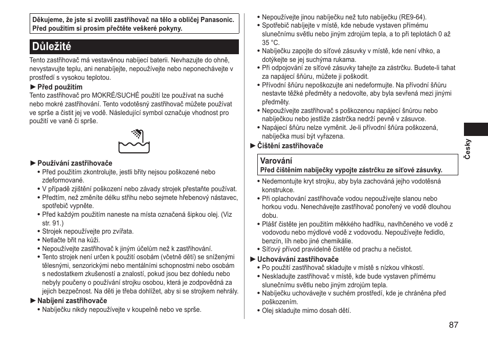 Důležité | Panasonic ERGY10 User Manual | Page 87 / 124