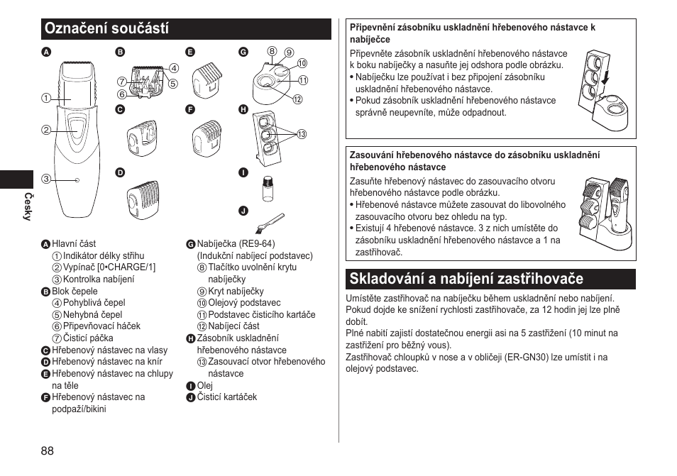 Označení součástí, Skladování a nabíjení zastřihovače | Panasonic ERGY10 User Manual | Page 88 / 124