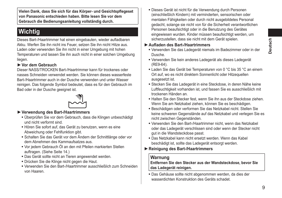 Wichtig | Panasonic ERGY10 User Manual | Page 9 / 124