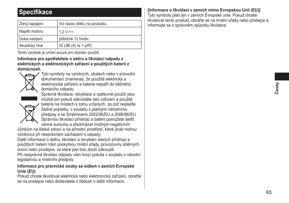 Specifikace | Panasonic ERGY10 User Manual | Page 93 / 124