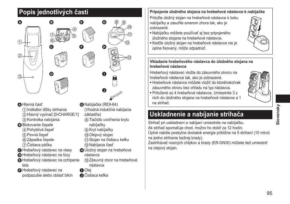 Popis jednotlivých častí, Uskladnenie a nabíjanie strihača | Panasonic ERGY10 User Manual | Page 95 / 124