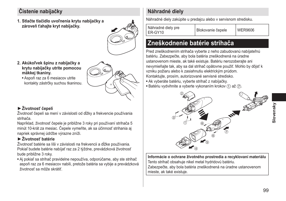 Zneškodnenie batérie strihača, Čistenie nabíjačky, Náhradné diely | Panasonic ERGY10 User Manual | Page 99 / 124