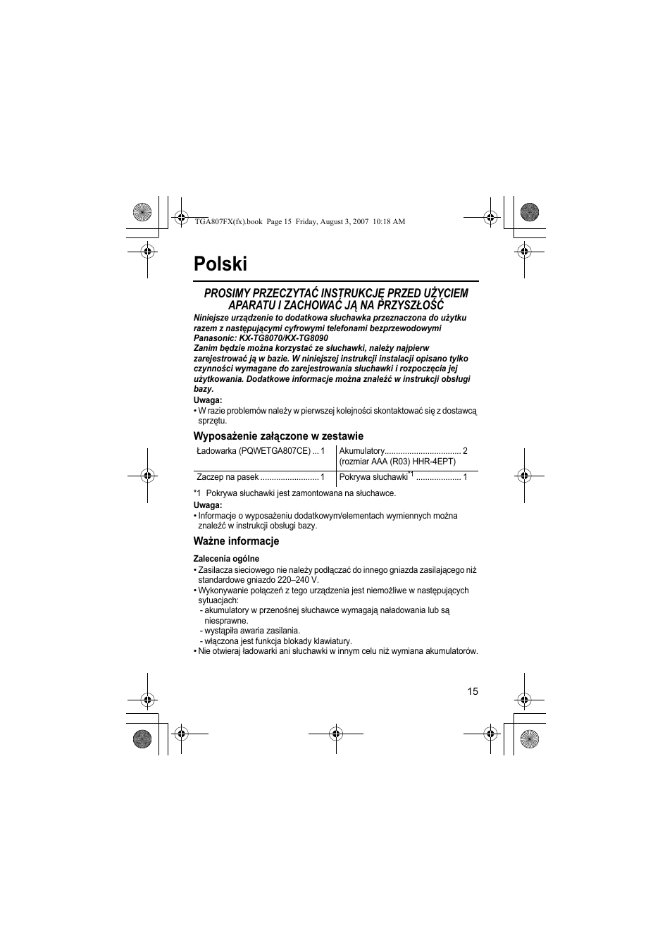 Polski | Panasonic KXTGA807FX User Manual | Page 15 / 36