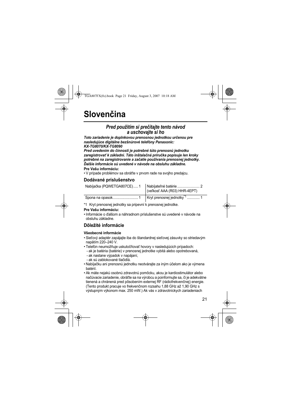 Slovenčina | Panasonic KXTGA807FX User Manual | Page 21 / 36